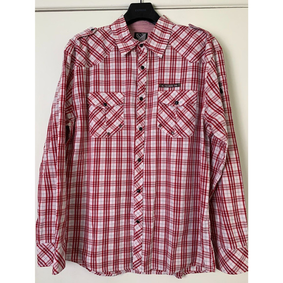 Urban Behavior Mens XXL Plaid Pearl Snap Slim Fit Long Sleeve Shirt Western - Picture 1 of 13